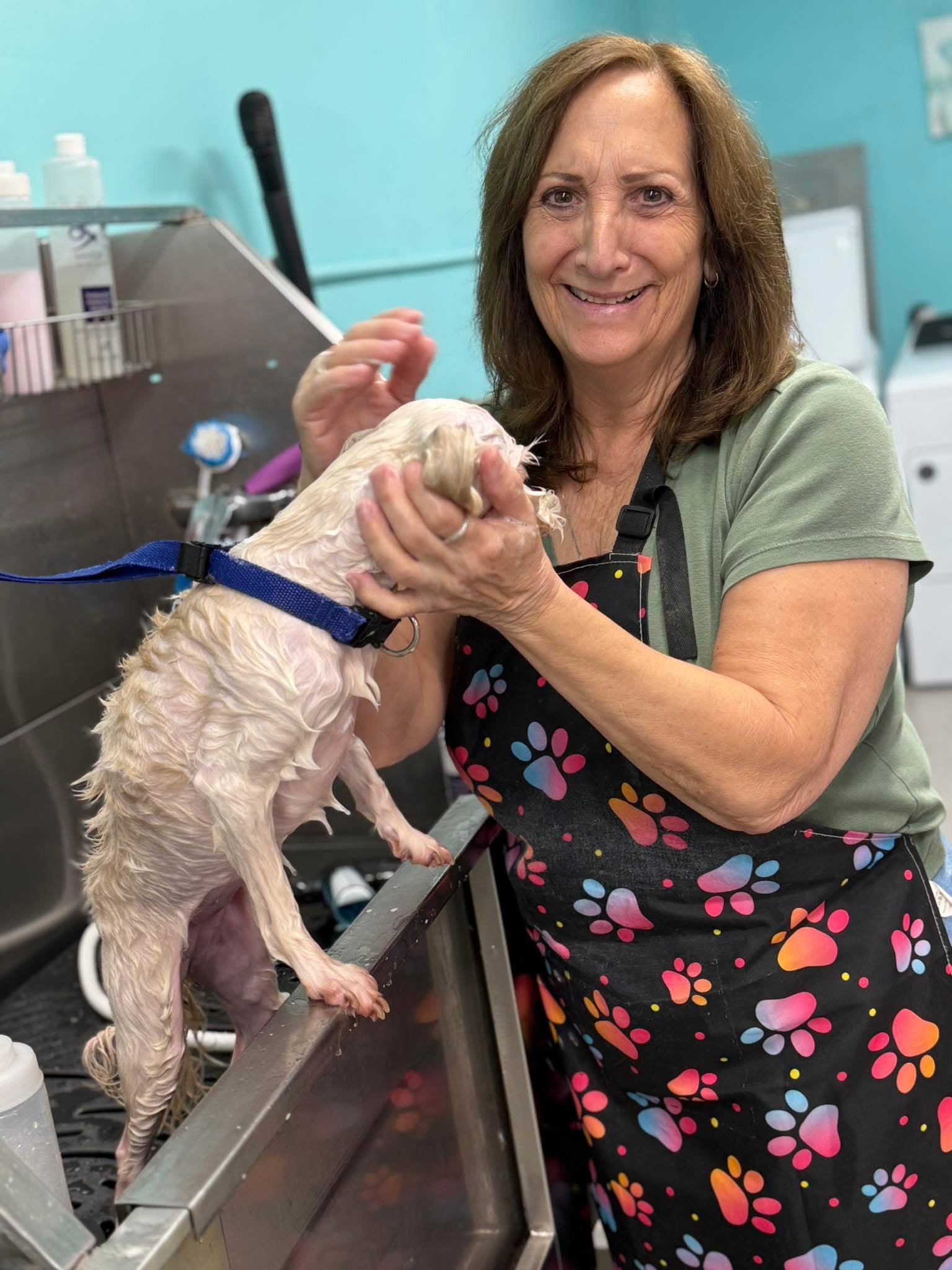 Nina bathing a dog