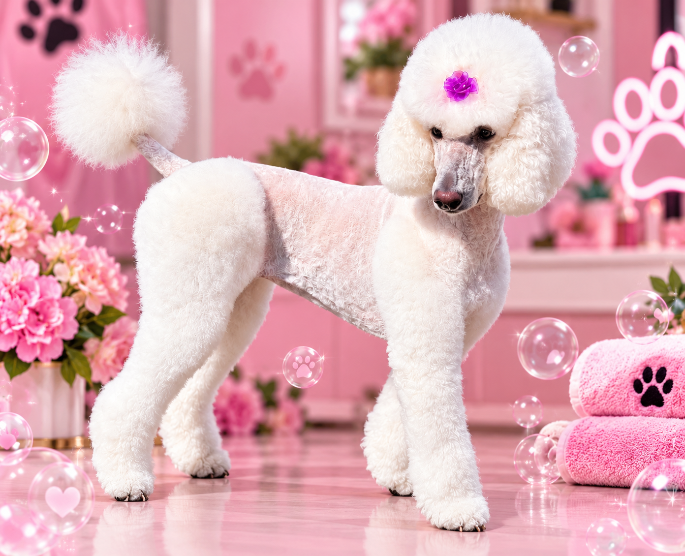 White poodle in pink spa setting